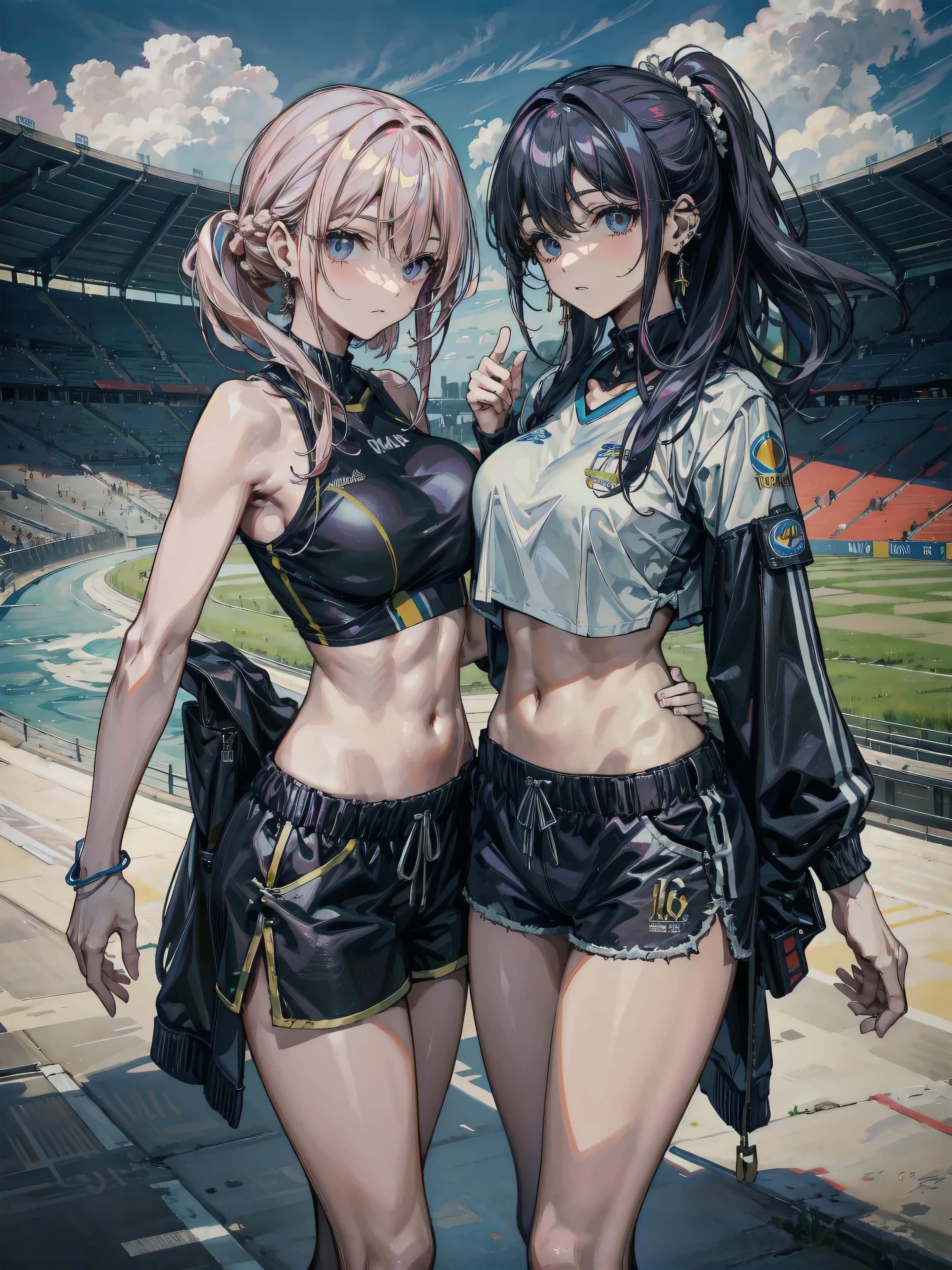 (masterpiece, high quality, best quality, detailed, sharp, anime:1.4), 2girls, whole body, clothed mouth, smile <lora:O_micro_shorts_v0.6:0.8> micro shorts, leather shorts, blue sky, blue tennis court, bush BREAK
dark blue hair, ponytail hair, purple eyes, highlighted eyes BREAK
dull purple hair, low ponytail hair, black eyes