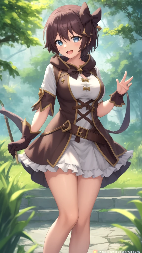Master piece,best quality,ultra-detailed,high resolution,octane render,brown hair,bob cut,a country cute girl,(1 girl),white side-tie panties,gold accents,pretty dress with lots of frills and embroidery, holding skirt hem with one hands, from below,Torn clothes,black Stockings,garter belt,seductive young woman,female focus,pointy breasts,full body,(perfect body),standing,midriff peek,gold Choker with chains,big bright green eyes, glowing eyes,(beautiful detailed eyes),cute,cool,pale skin,faint lips,seductive and confident smile,open mouth.The overall image is of high quality, with a resolution of 4k or 8k. It is a masterpiece of art, holding hair ornament,vibrant colored lips. She has long eyelashes that add to her captivating appearance. The girl's hair is styled in a sleek and sophisticated,creating a visually stunning effect.adding to the overall appeal,holding_weapon,Dagger,carries a bow and arrow,shy,Blushing face,fantasy,sweat,steam,in the Woods with tentacles,dynamic angle