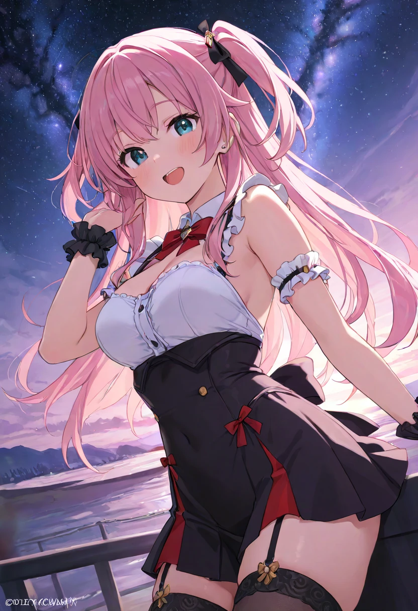 best quality, masterpiece, highres, solo, {night:1.10}, {starry sky:1.10}, beach, beautiful detailed sky, {extremely detailed background:1.20}, {shiranui_kantaicollection:1.15}, {standing:1.10}, looking at viewer, {bikini:1.30}, pink_hair, short_hair, ponytail, blue_eyes, ribbon, vest, neck_ribbon, red_ribbon, hair_ornament, light smile