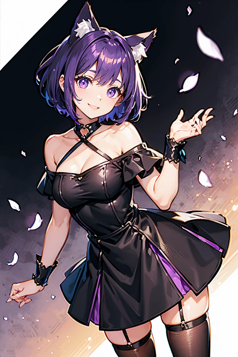 young girl, short black and purple hair, Short braid, bunny ears, Yellow eyes, purple lipstick, Gothic dress, open breasts, Smile, Masterpiece, hiquality