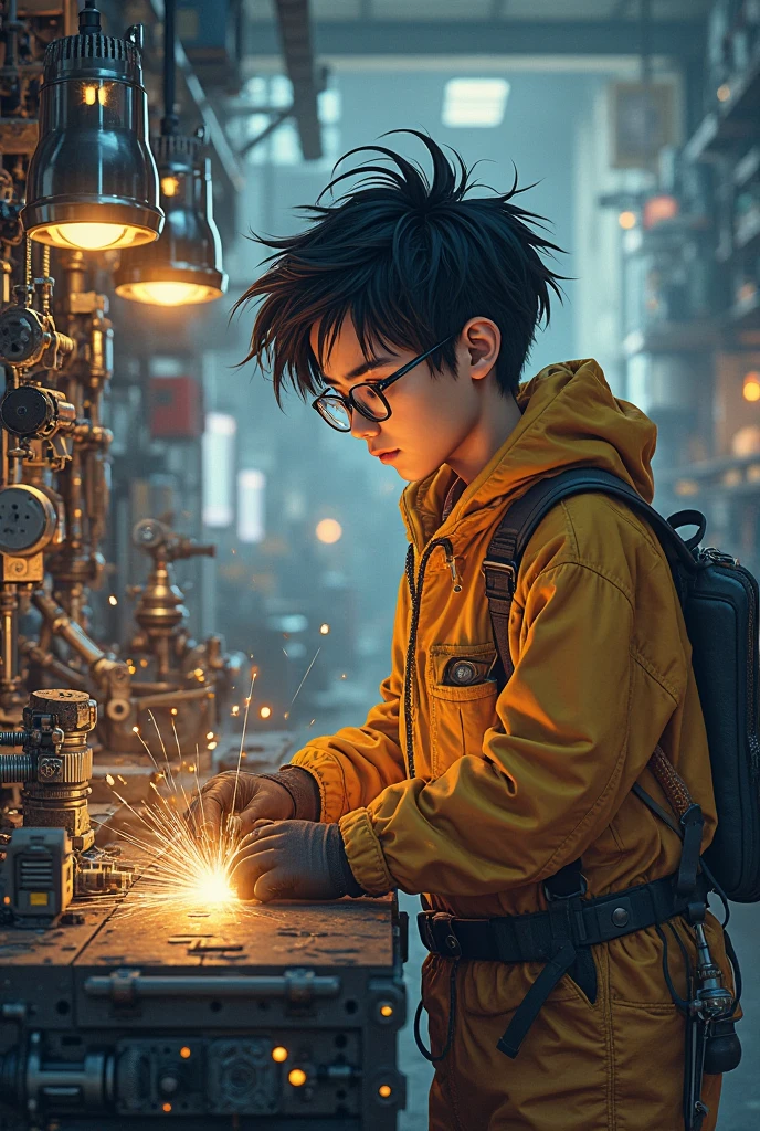 Ridiculous resolution , high-resolution, (Masterpiece : 1.4), Ultra detailed, young man with messy black short hair glasses welder costume, Very technological robotic workbench