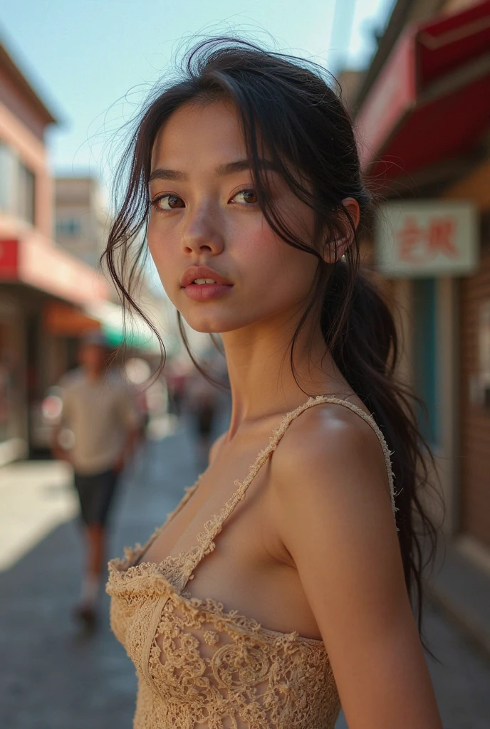 1girl, cute big breasts, young, skinny, (3N1DS1NCL41R:0.9), Photorealistic photos, Extremely detailed, Street photography, {Best Quality}, {{Masterpiece }}, {high-resolution}