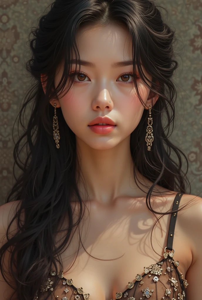 photorealistic, Gloss on lips, painting of a, realistic, Best Quality, Ultra High Resolution, Depth-of-fie, Soft color, Natural Shadows , focuses on the face , Face only, watching viewers, long hair, hair adornments, dark hair, brown and detailed eyes, skirt