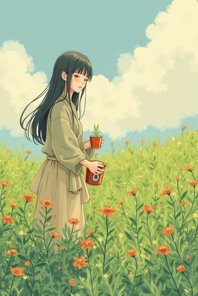 Fairy tale Illustration by Reiko Ikemura, pixabay, Simple art, full color Illustration , cute fairy tale Illustration , picture book Illustration , Illustration , Miyazaki Hayao Style Tea Picking Girl, in the field, komono, komono