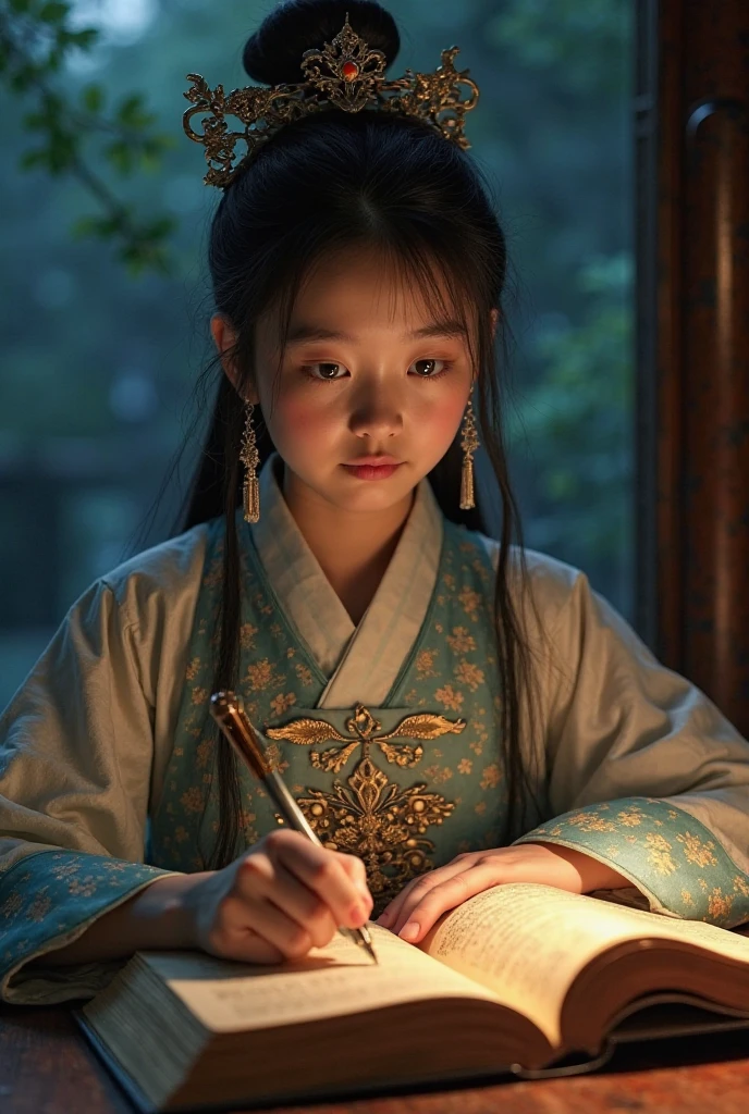 A photograph: A beautiful girl in traditional Chinese costume on a quiet night, in a garden surrounded by ancient walls , looking at ancient Chinese books under a light on a low table 。,((She holds a pen in her right hand ,Left hand on desk)),((Masterpiece )),realistic,4K,Extremely detailed,((big beatiful eyes))