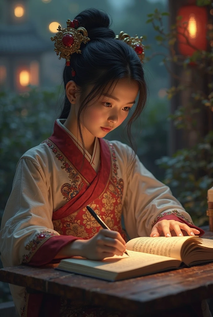 A photograph: A beautiful girl in traditional Chinese costume on a quiet night, in a garden surrounded by ancient walls , looking at ancient Chinese books under a light on a low table 。,((She holds a pen in her right hand ,Left hand on desk)),((Masterpiece )),realistic,4K,Extremely detailed,((big beatiful eyes))