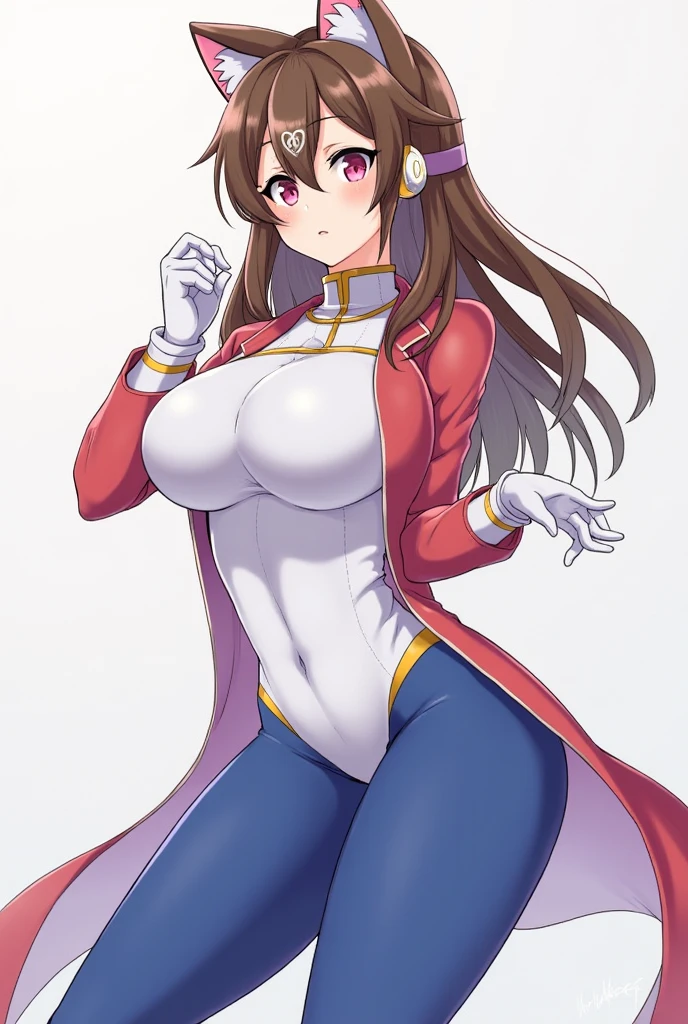 Masterpiece , Best Quality, high-resolution, 1girl, Super high-resolution, Solitary, Mecha Pilot, morality.big breasts and big breasts, Earphone, Pink Eyes, Blue Leggings, brown hair , whitegloves, cat face decoration,