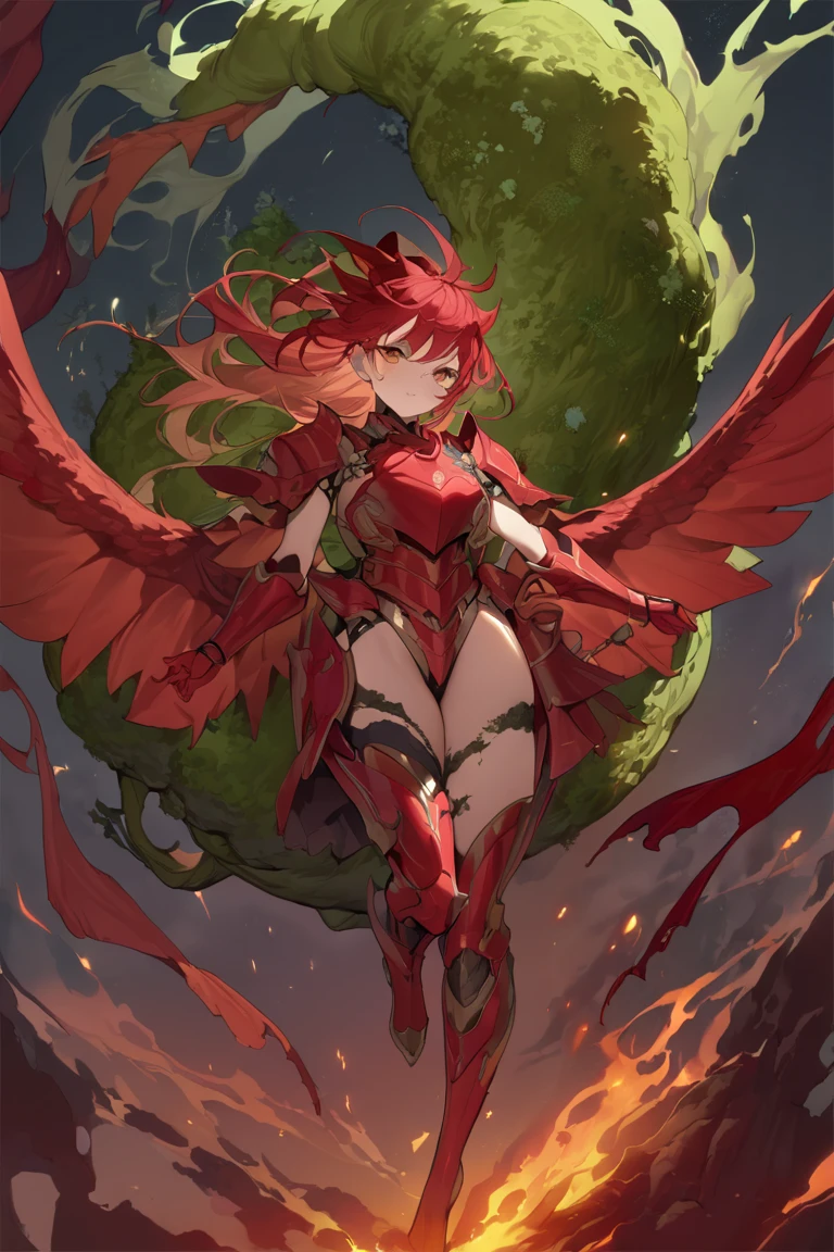ridiculous resolution, high-resolution, (Masterpiece : 1.4), Ultra detailed, and moss, red armor and red wings, floating in the air (1.8) The background is wild, firey