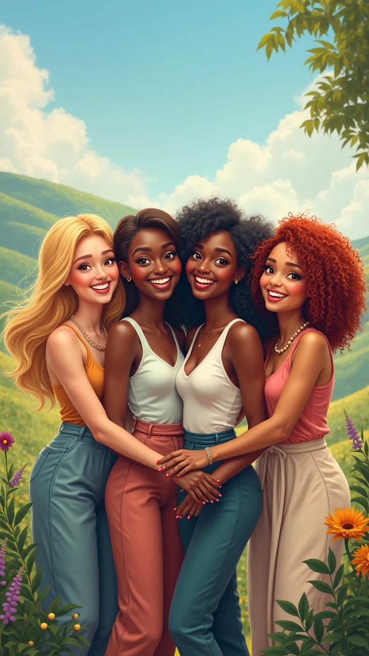 Create a 3D image, Four female friends at a picnic, sitting on the grass, One wearing blue jeans, white Adidas shoes with red, White shirt with black leather jacket and red belt, black curly hair, Brown eyes , another wearing a black sweater, Brown eyes, 4 girlfriends, blonde short hair, and pink shoes, another wearing a gray sweater and dark gray pants, long wavy brown hair, with white shoes, and another with long wavy black hair, con un vestida floral amarillo y negro corto olgado y Brown eyes