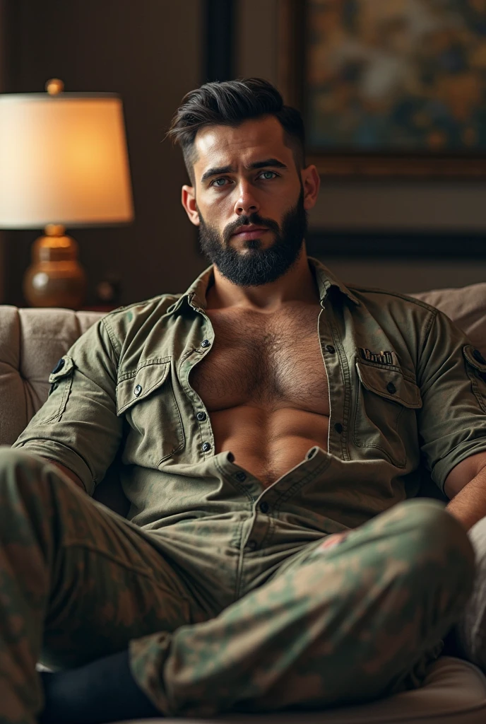 indian army officer with fully jacked muscular body laying on bed in a position where his both hands are behind his head inside the army tent wearing brief jocks.