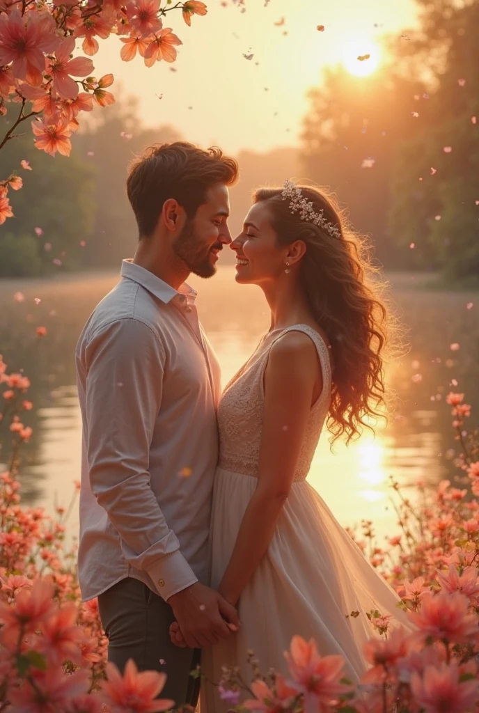 um casal se beijando em um jardim,romantic atmosphere,Flores bonitas,soft lighting,warm sunset colors,lovers in an intimate embrace,Brisa suave,sussurrando palavras doces,Love and devotion,floating sensation,momento apaixonado,delicate hand gestures,contato visual amoroso,emotional connection,detailed facial expressions,soft lips touching,olhos suavemente fechados,calor terno,cosy and romantic atmosphere,soft natural lighting,cores vibrantes,ambiente de sonho,carinho e ternura
