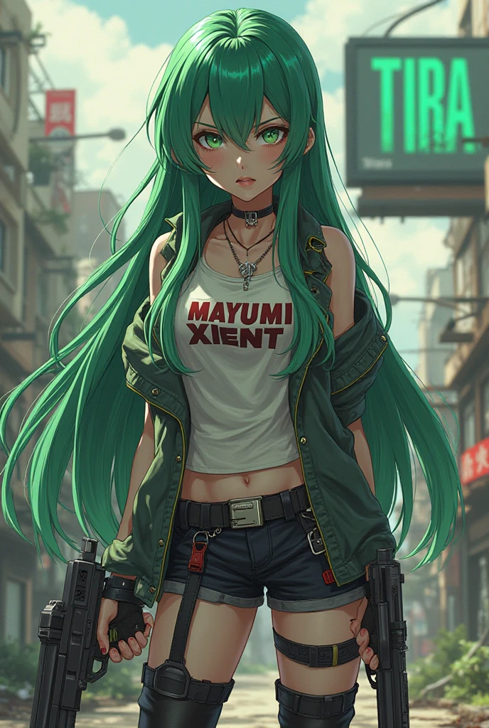 Anime girl with green hair and black leather pants in snow, menina de anime cyberpunk feminino, garota de anime desonestos, Menina anime com cabelo martelo, deviantart artstation cgscosiety, Streets of the forest eoropeia of the forest behind it, garota anime cyberpunk, Digital Cyberpunk - Arte de Anime, Artgerm extremamente detalhado, arte digital do anime cyberpunk, Jet Black Haired Cyberpunk Menina, trending on artstation pixiv, olhos detalhados anime, rosto detalhado anime, large tattoo of plants on the neck, Tatuagem grande de verde na abdomen, sem carros no fundo,