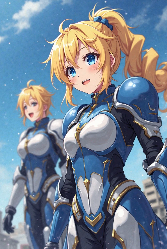best quality, official art, masterpiece, textile shading, HDR, very detailed, colorful, best details, fantasy, battle suit,1 female, 25 years old, best quality, official art, masterpiece, textile shading, HDR, very detailed, colorful, best details, fantasy, battle suit,1 female, 25 years old, standing on stairs,A castle town with an old castle view, sunny,choppy hair, big breast, skinny,Surrounded by a large crowd:1.9、Confetti flutters、Blessed、Being welcomed:1.5、cameltoe:1.3, looking back, ground level shot:1.9,