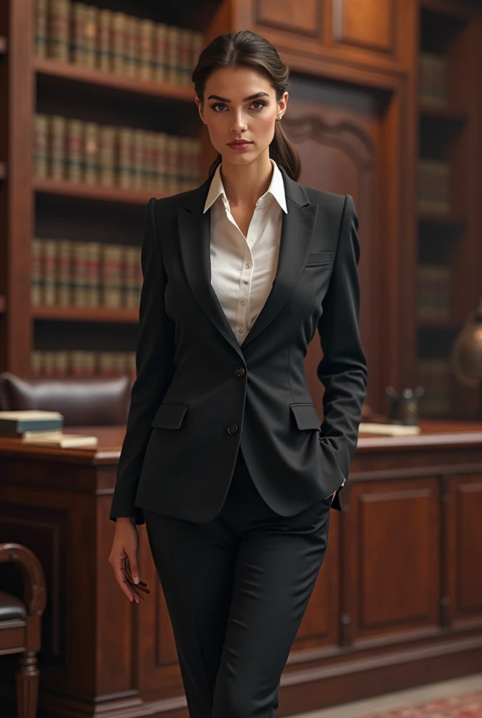 a lady She is dressed in a modern, tailored dark grey suit with a white blouse, standing confidently. She wears a blindfold, and holding a scale in her hand, justice, zodiac libra sign, Her expression is calm and resolute. The background features a grand courtroom,