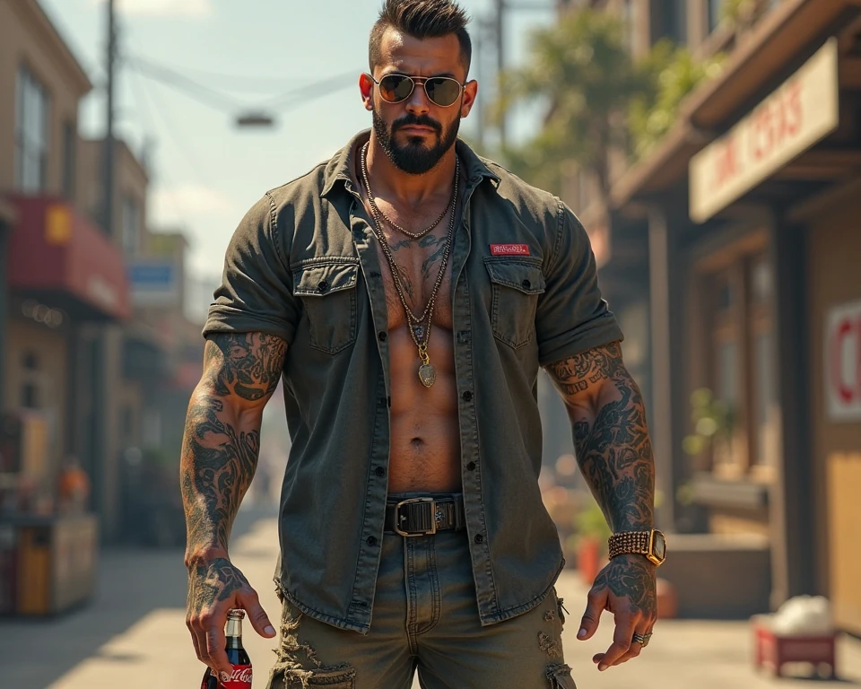 muscular man in black cap and white t-shirt, spike collar, academy, wicked look, tattoo on arm