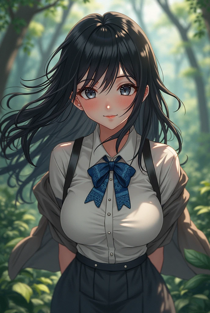 ((1 loli with sexy school clothes, mini skirt)),((silent breasts)),((happy face, in a forest)),((walking, wet pussy, erect nipples)),((hair very large pubic hair)),((big black hair with a short ponytail, with very large bangs covering the face, eyes closed)),((facing the viewer, in a forest)),