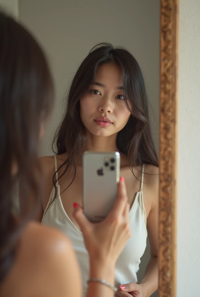 Europe girl with dark brown hair with dark fair skin with iPhone 14 pro max, photo in the mirror