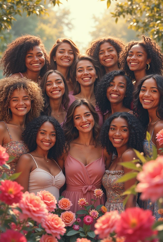 Black woman. Brown skin. Long flowing black hair. Flower styled dress. Standing and smiling with friends. Ultra high quality