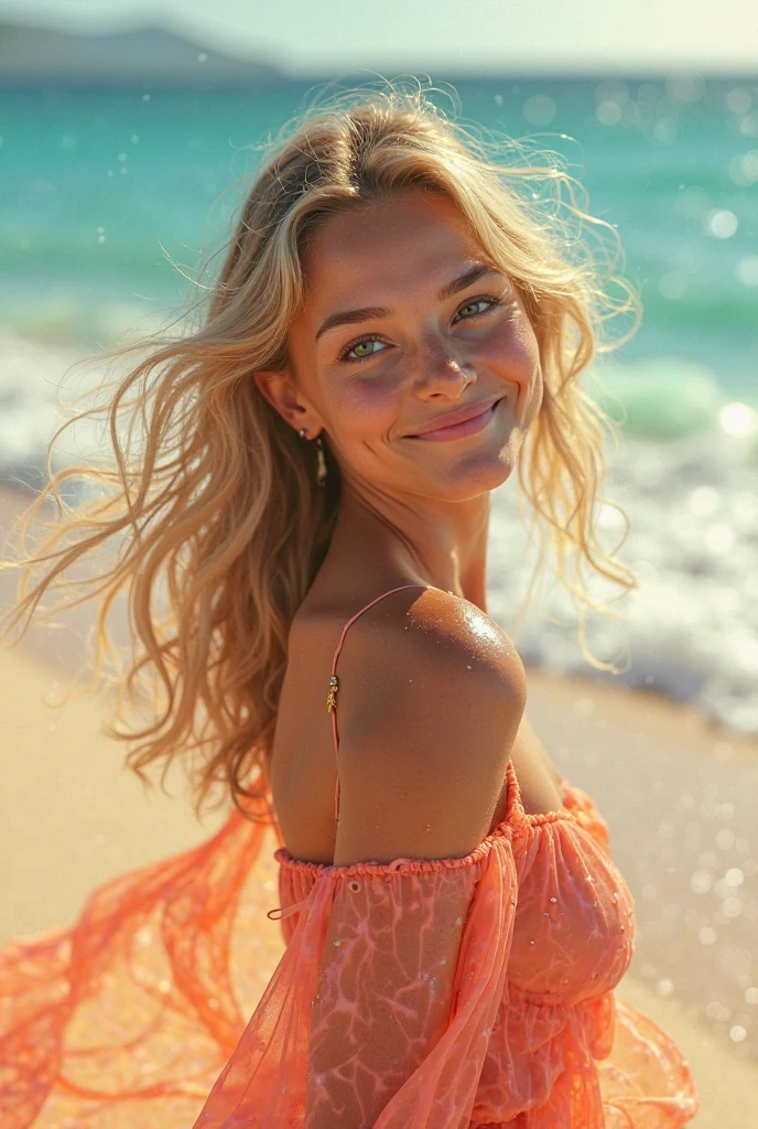 a young woman with shaggy blonde hair and sunkissed skin walks down the beach boardwalk on a sunny summer day, joyful, film still, in the style of wes anderson, medium close-up