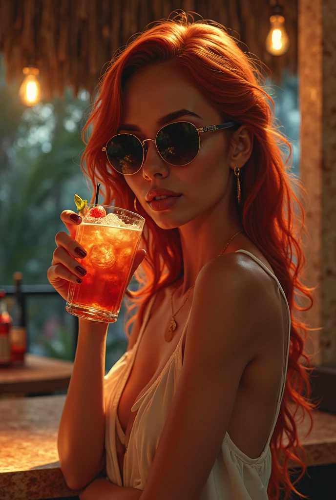 (Realistic photo of a beautiful woman, full body picture, 35 years old, grey eyes, full full lips, red hair, pony tail, curls, big boobs, tanned skin, jewellery, realistic, soft lighting, professional photography, photorealistic, detailed, RAW, sharp focus, ultra-high resolution, best quality, masterpiece, (best quality, high-resolution, ultra-detailed:1. 2), HDR, bright colours, sexy, earrings, stylish summer dress, sunglasses, restaurant