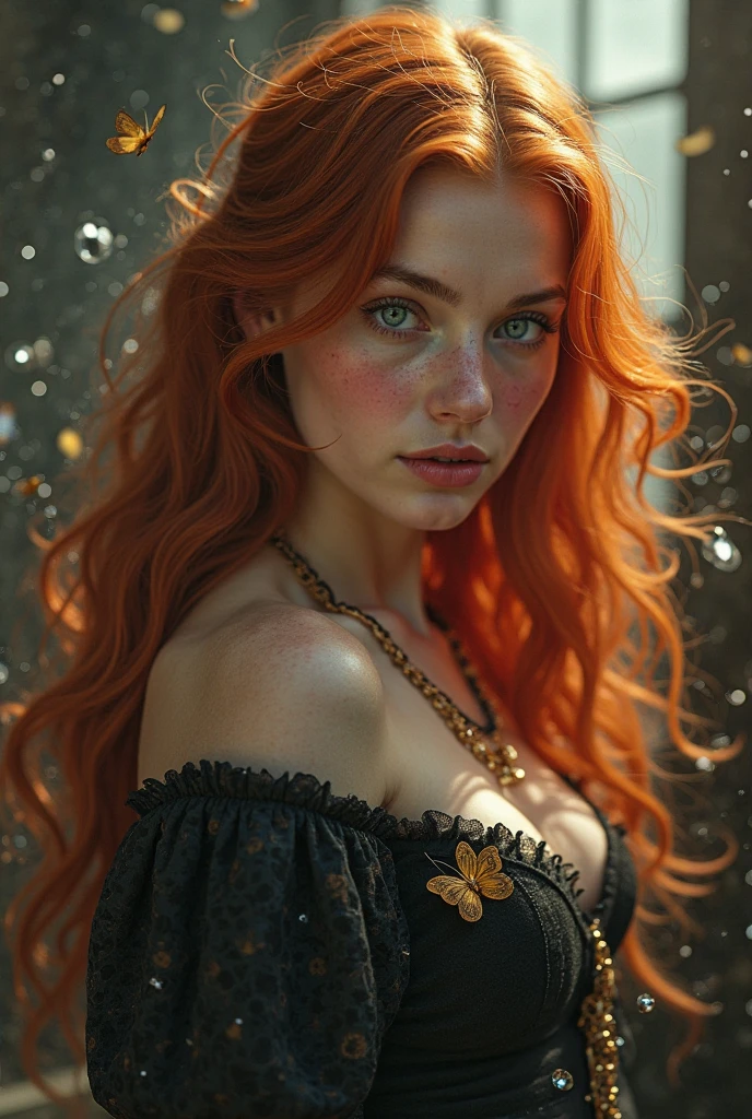 (solo, full body photo:1.3), (action packed:1.3), (haze, fog, mist:1.3), chiaroscuro, best quality, photorealistic, 1woman, (cute), (24yo:1.2), redhead, long ginger hair highly detailed, 1700'S, digital photography, art by artgerm and ruan jia and greg rutkowski surreal painting gold butterfly filigree, broken glass, (masterpiece, sidelighting, finely detailed Fashionable eyes: 1.2) (perfect oval large eyes that gazes at the viewer), beautiful detailed face, blue gorgeous perfect eyes, (blonde hair ponytail), (attractive young woman:1.3), (thick amazing hair), (seductive:1.1), (blushing:1.1)