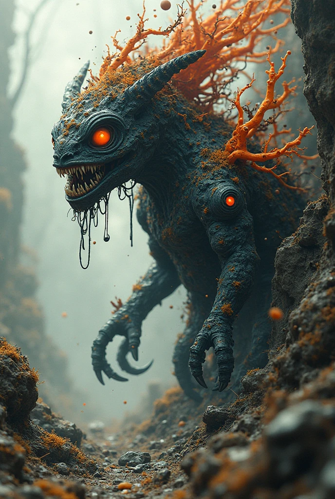 A surreal creature in space, a blend of ancient earth and bone, with multifaceted glowing irises and a mouth of sharp teeth(art and illustration,, complex patterns:1.4),(aerial, fantastic, surrealistic, imaginative, beautiful, intricate details, masterpiece, best quality:1.4),wide angle closeup, full frame body shot, cinematic stilldramatic and dynamic lighting,, <xl_more_art-full_v1:0.72> <add-detail-xl:0.72> <Scaleborn_SDXL:0.84> <Desolation:0.84> <linquivera:0.64>