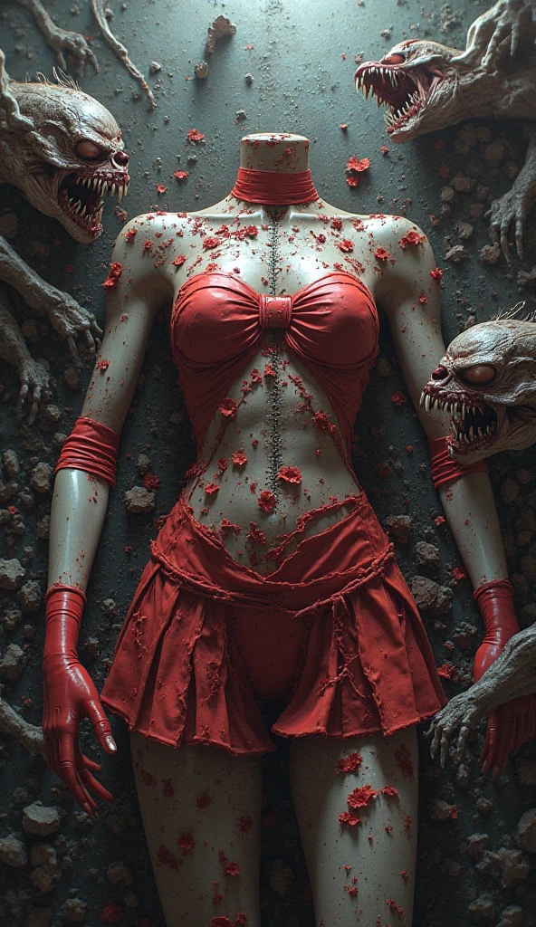 devil doll, ruins, holding knife, bloody, horror, ??????