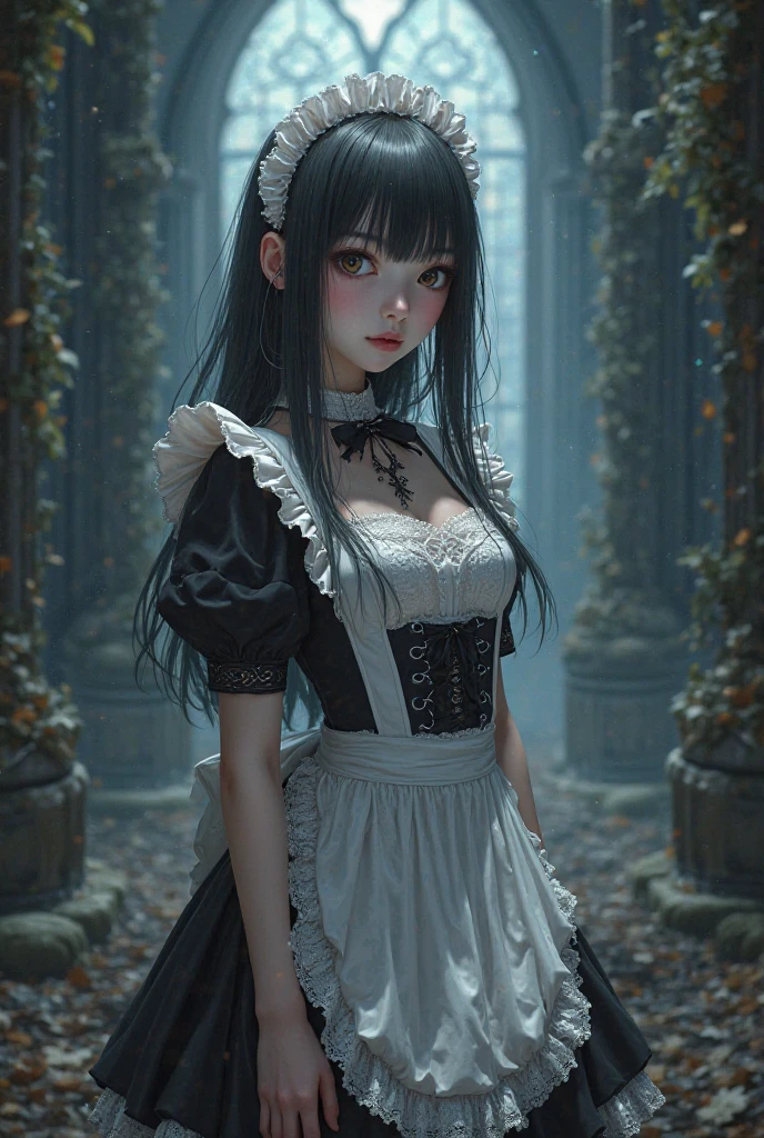 (masterpiece:1.2), (best quality:1.2), perfect eyes, perfect face, perfect lighting, 1girl, mature female gothgal standing with her hands in front, long hair, intricate hairdo, makeup, black lips, thick eyelashes, sad, melancholy, wearing a gothgal outfit, black and white dress, frills, ribbons, puffy sleeves, bare shoulders, lacey choker, jewelry, peaceful, quiet, chill, detailed outdoor background, beautiful landscape, fantasy, summer, sunny, sunburnt, flowers, trees