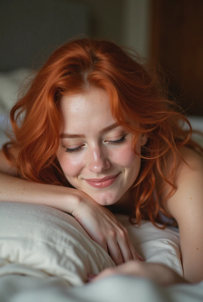 Red hair, curly hair, long eyeslashes, make-up, They are smiling, redhead, hyperrealism, 16k, high quality, The best quality, whole body, redhead, Masterpiece, royal arms, pajamas, Sleeping,