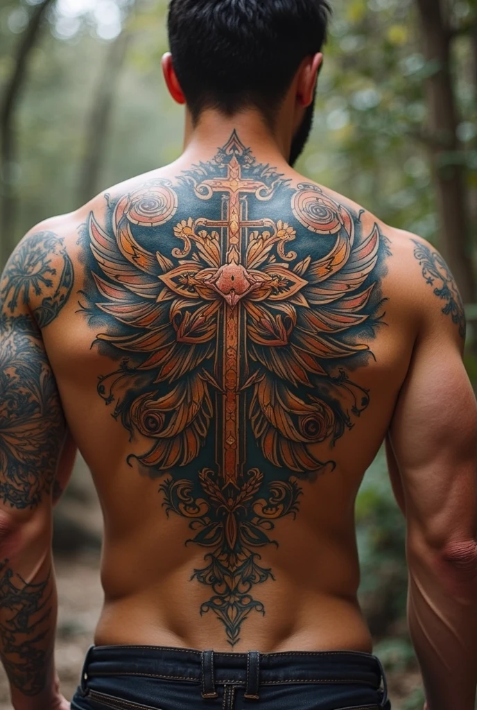 Tribal tattoo with a theme of symbols of Catholicism For the chest another design 

