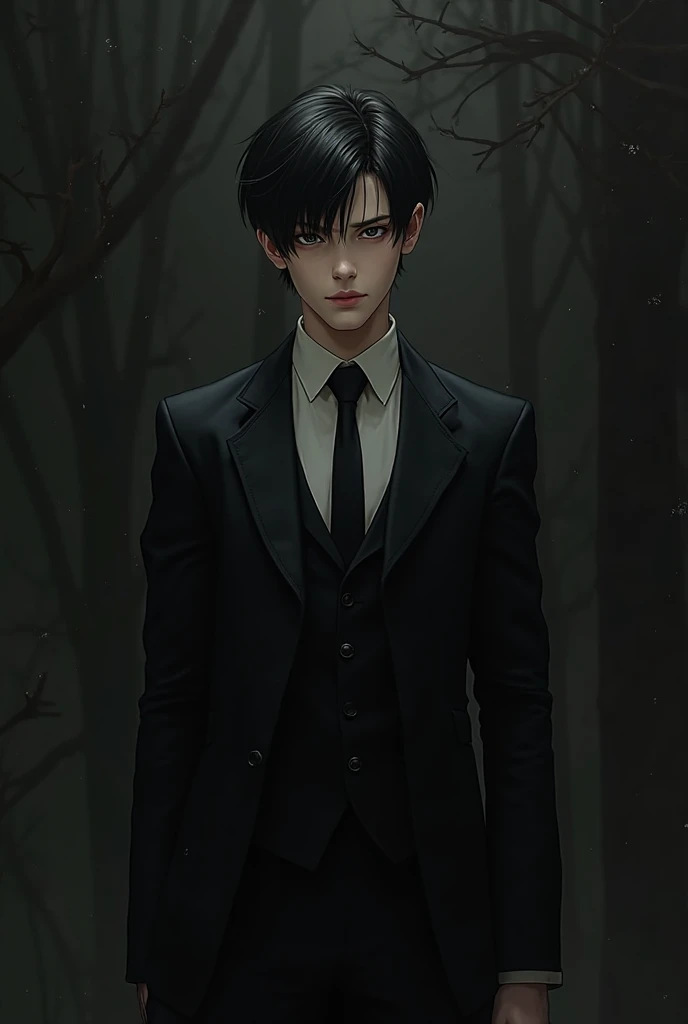 a 12-year-old goth boy with a black Bob haircut with bangs, wearing a white woven shirt, a formal black vest striped with gray, black shorts, in the middle of the cemetery, with a closed and disgusted look