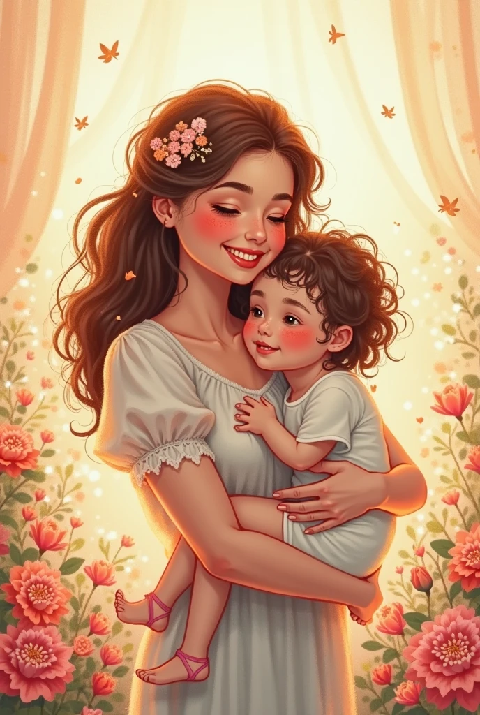 uma garota aparentemente linda de 25 anos, with an apparently 3 year old  on her lap, they then smile