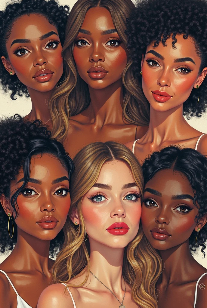 A light-skinned woman ,clear eyes,long wavy brown hair, another a brown-skinned woman,long, curly black hair ,eyes black,another fair skinned woman,short slightly curly black hair,they are in the center of the scene ,hand drawn watercolor style, white background