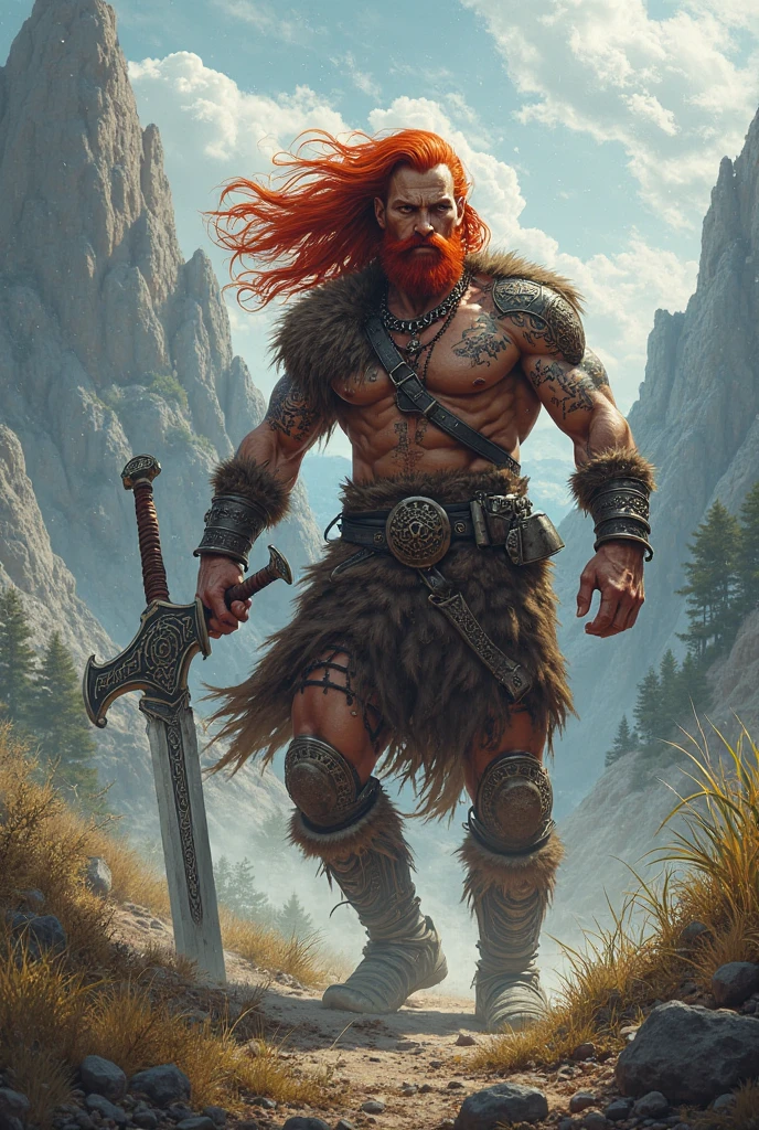 a painting of a man with a sword and a horned head, berserker potrait, barbarian class, barbarian warrior, barbarian, viking berserker, fur-clad barbarian goliath, portrait berserker barbarian, male barbarian, epic fantasy card game art, demon berserker, concept art of a warrior, epic fantasy character art, by Yang J, a very beautiful berserker woman, (red hair)+++