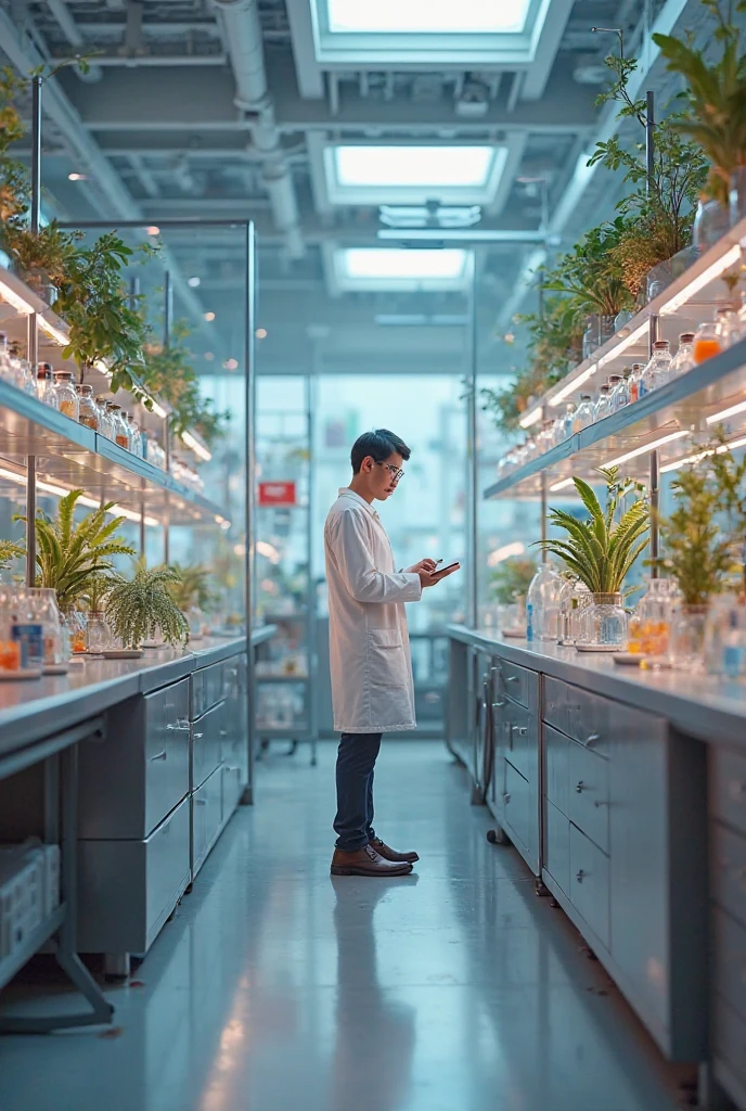 Create a futuristic image agricultural student works of their research on the plants