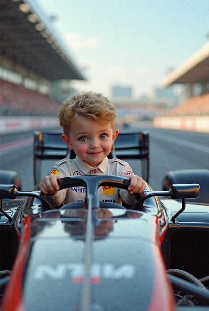 Create a scene where an adorable blonde royal baby is wearing a 911 outfit, and is riding in a 911 baby car parading down the runway, 4k motion camera