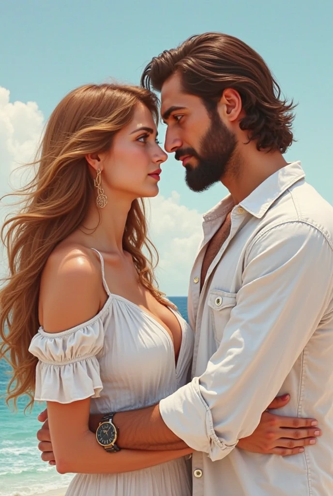 Full length photo of a couple talking., hombre y mujer, smiling and standing facing each other on the sand of a Caribbean beach. la mujer es una chica impresionante que lleva un bikini blanco, busto muy pesado, con cabello ondulado. The man is a European man wearing an open shirt with short brown hair. symmetrical eyes, symmetrical face, fotorrealista, imperfecciones faciales, rastreo de camino, sunset lighting, volumetric face light, cabello trazado, sombras visibles, intrincado, elaborar, hyper realistic.