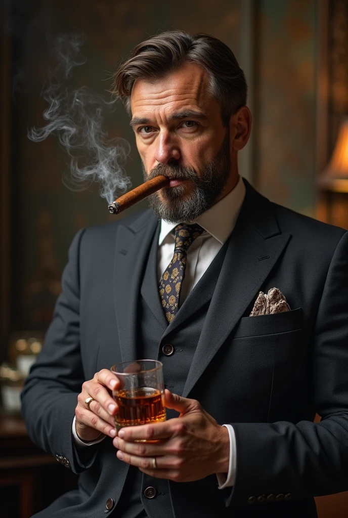 work of art, Man in white suit, smoking cigar, high resolution, Using tea, 4K, lot of details, Drinking beer, Elegant man, Very beauthful, swirly vibrant colors, not bar.