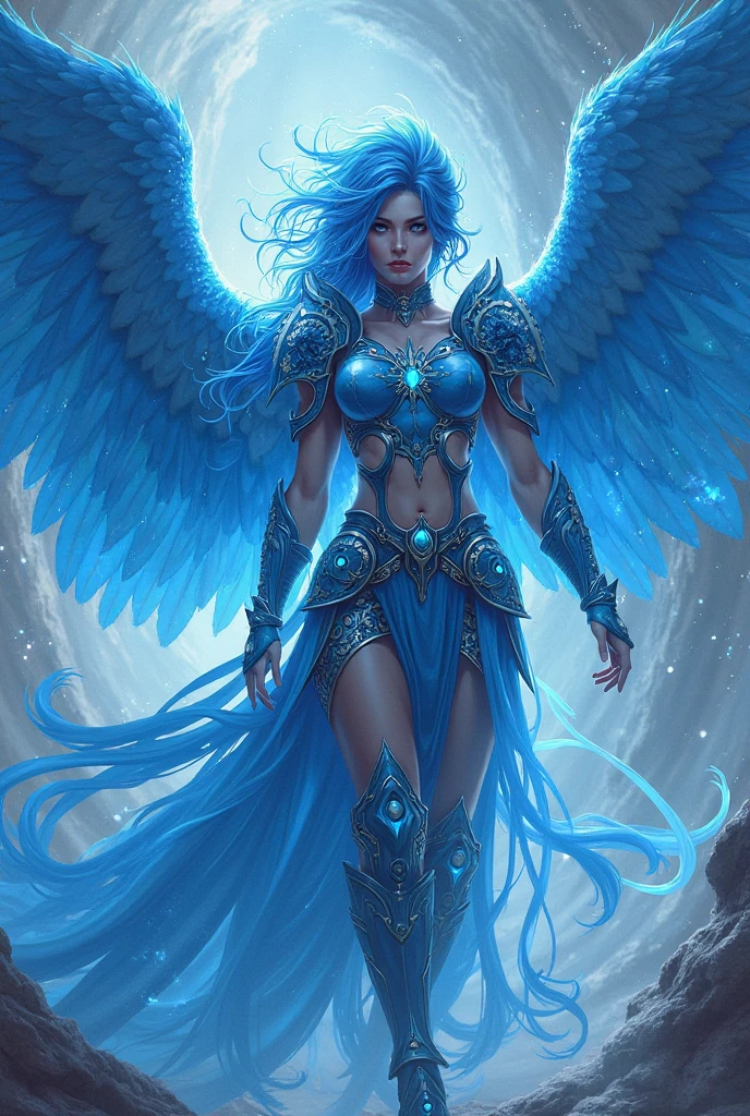 A wise old angel, angelic man, male angel, realistic 3D, sage outfit, long blue hair, bright yellow eyes.