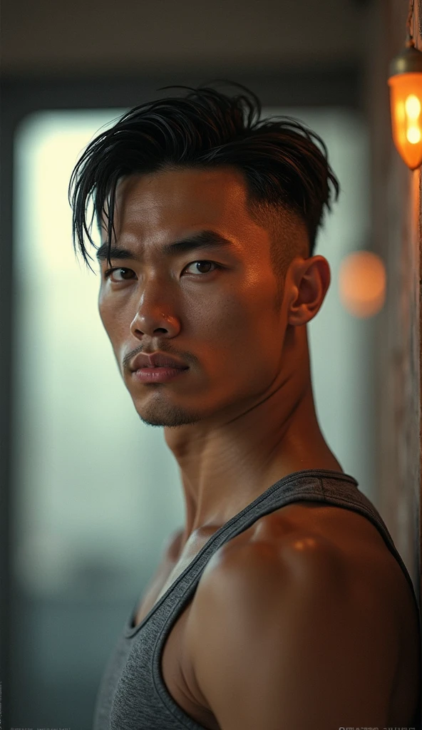 A 21 year old asian boy portrait in dual lightning studio, soft lighting, epic realistice