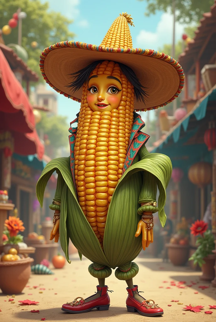 Male, boy, Peru flag, background, protecting the corn, corn bodies with eyes and smile, Peru flag, PANTHERS ANIMALS IN BACK 
