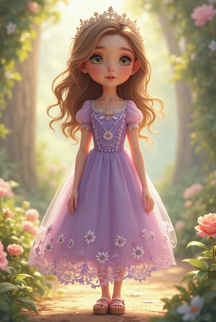 A 10 years old with lots of curly brown hair and green eyes dressed in purple