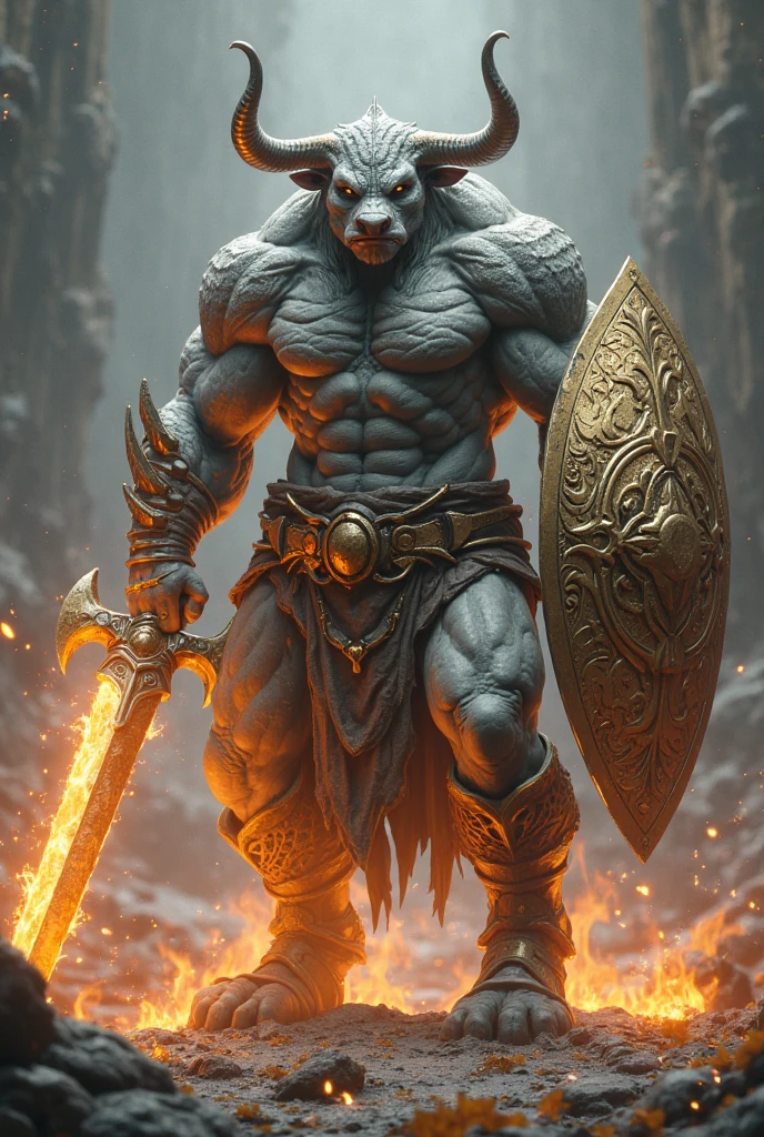 Minotaur with shield and armor spitting fire from his mouth with a sword
