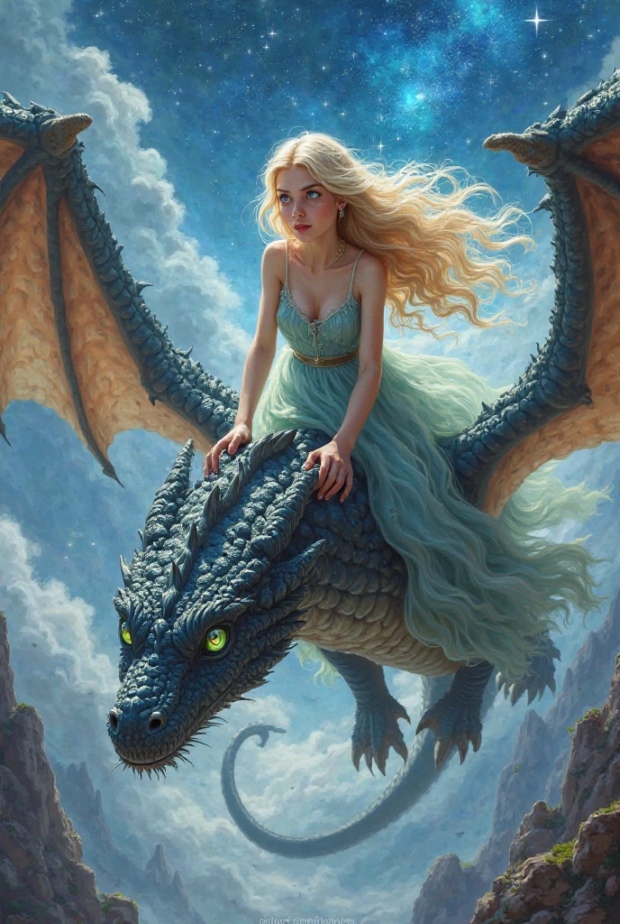 clouds in the shape of a dragon, The mirror of your dreams,
Reach the stars, Dream the clouds, a blond girl, a fantasy princess, on a fantasy castle balcony, ((Fly a fantasy dragon)), a rainbow in the sky, ((clouds)),