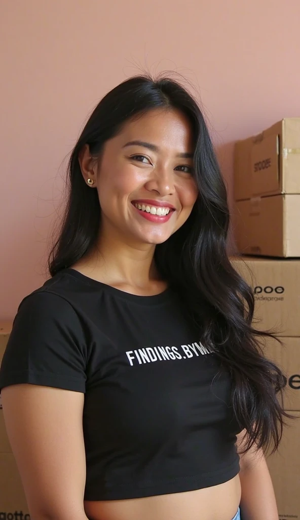 1girl, photorealistic, realistic, Latina woman, thick lips, mature, 25 years old, Latina, crimpy hair, brown skin, Latina nose, Latina eyes, Latina body, ((background: inside the tidy living room)), wearing simple shirt and shorts, indoor, ((wide shot)), smiling