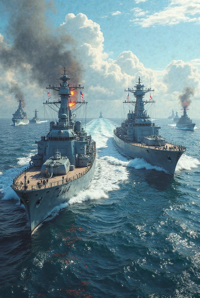 2024; (masterpiece, best quality) destroyed sea; giant waves; naval battles between aircraft carriers; explosions; bombs exploding