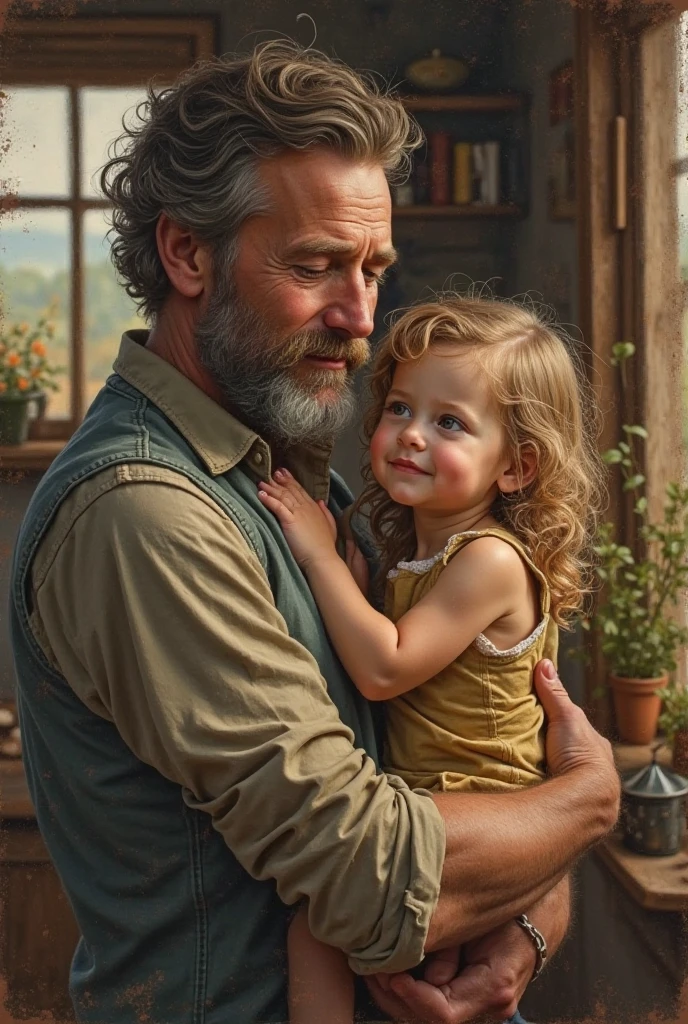 A grandfather with blue eyes, hair and gray beard with baby boy with blond hair and blue eyes curly hair in a flower garden 