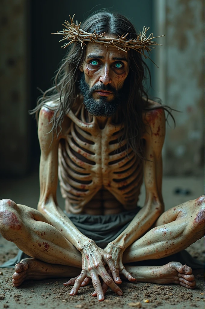 Full body photography. Tramp beggar homeless barefoot tall man young 25 years old dark hair and beard expression sadness crying. Has a very thin and hairy malnourished body. Pies y piernas sucias barro. He&#39;s only wearing orange shorts.