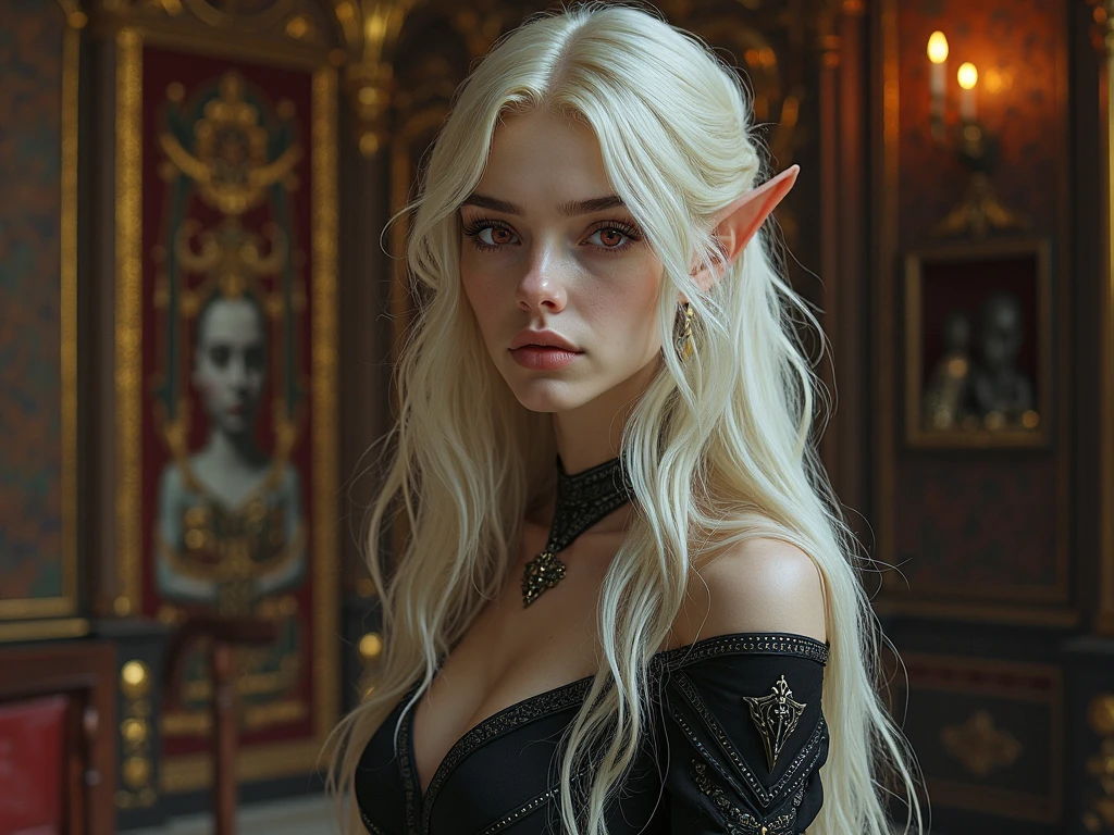 ((best quality: 1.5)) ((masterpiece: 0.8)), intricate details, sharp focus, professional, real life, realistic representation of the face, dim volumetric lighting, in the style of realistic and hyper detailed renderings BREAK ((((detailed mature 40year elven woman, ((blackout gothic eye makeup, red lips, ((tilted head, portrait, chin down, side view: 0.8)), furious), diamond tiara, golden hour, ice blue eyes, long wavy white hair, fur trim leather dress)), emerald necklace), nose piercing), freckles: 1.0), photorealistic, hyper-realistic, 8K