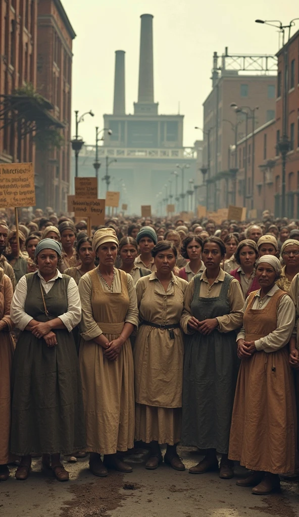 Sarah Chapman, in the center of a group of female strikers, holds a makeshift banner in protest outside the Bryant & May factory, wearing a simple bonnet and factory dress; behind them, a crowd gathers, showing mixed reactions to the strike, while the factory's smoking chimneys dominate the skyline; a medium shot that captures the tension and determination of the moment; hyper-realistic, photo realism, cinematography. The camera lens size should be 200mm, aperture setting f/4.5, and ISO 1600. The medium should be color photography.